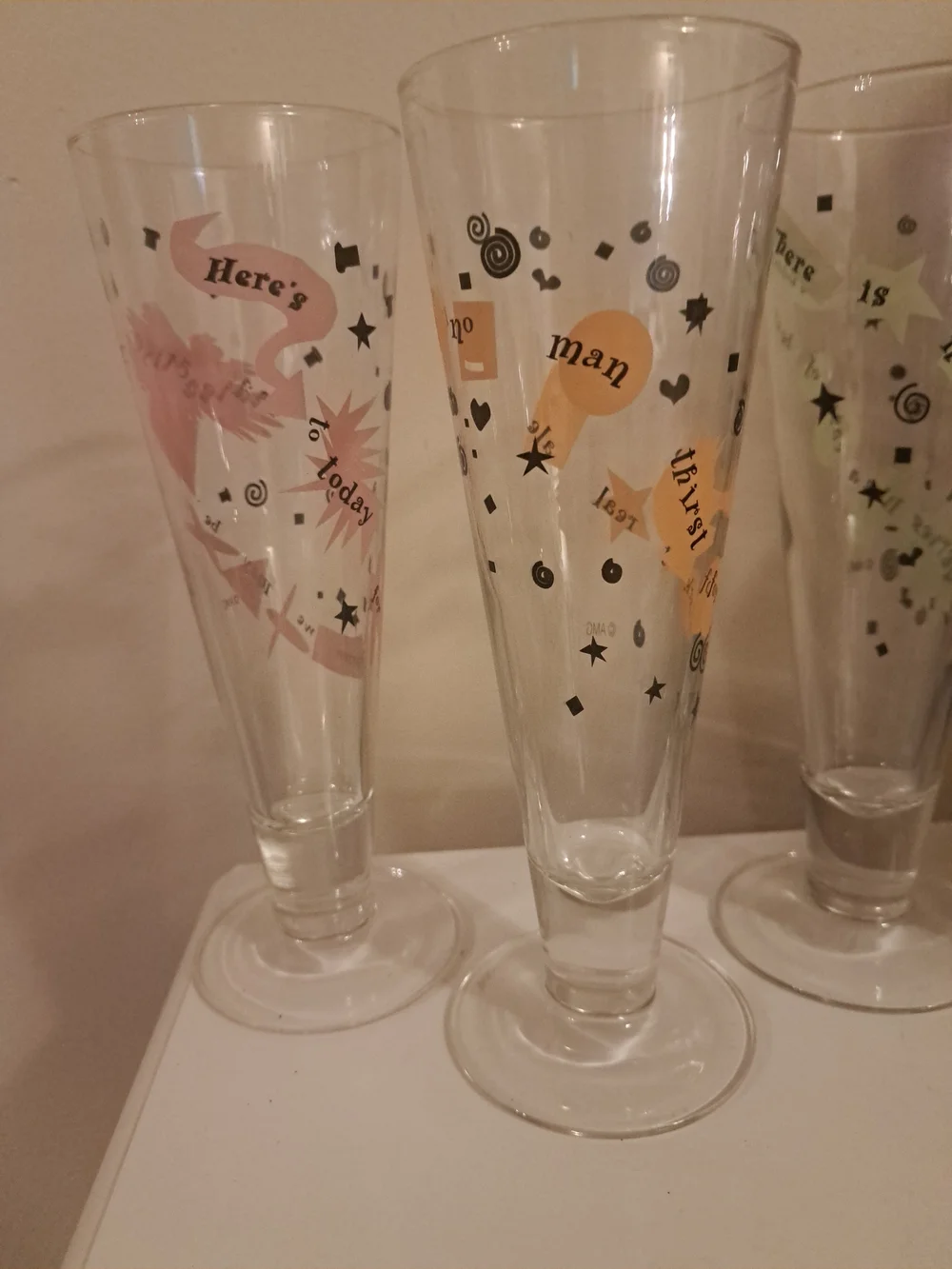 Vtg Decorative Glassware Set - Orange, Green,Blue, Pink Accent Pilsner Flutes 9